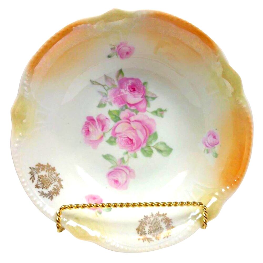 Antique Germany Large 8.5" Porcelain Serving Bowl Scalloped Edge Rose Floral